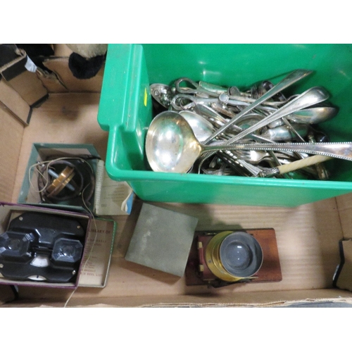 159 - A tray of collectables to include camera lens, tub of assorted silver plated flatware etc