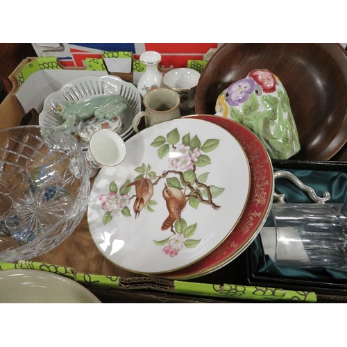 173 - Three trays of ceramics and glass etc to include Royal Winton and a Denby vase