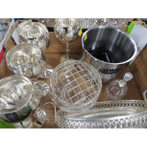 175 - Four small trays of glassware and silver plated ware