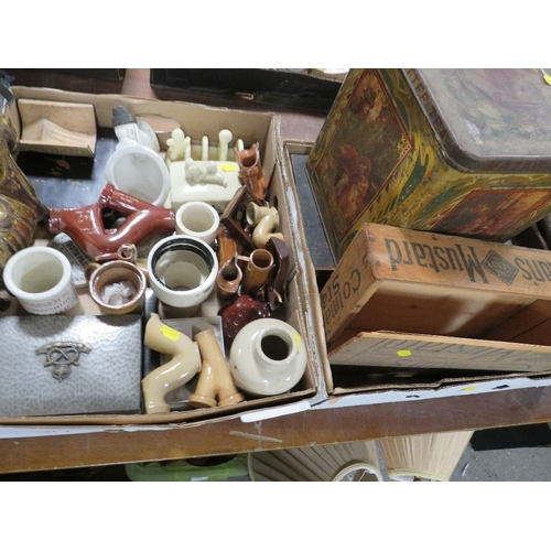 177 - Four trays of assorted ceramics and metal ware to include meat hooks