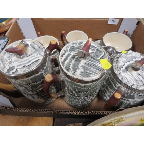 189 - Three trays of ceramics to include Arthur Woods silver shield tea/coffee ware