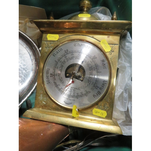 197 - A tray of metalware and cutlery to include a brass mantle barometer