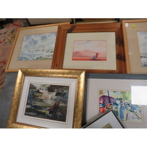 2 - A collection of assorted paintings and prints, to include a pair of seascape watercolours and an oil... 