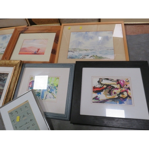 2 - A collection of assorted paintings and prints, to include a pair of seascape watercolours and an oil... 