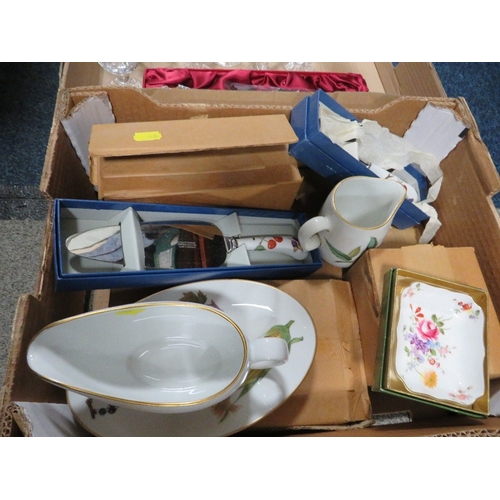 203 - A small tray of assorted ceramics together with a small tray of assorted glassware