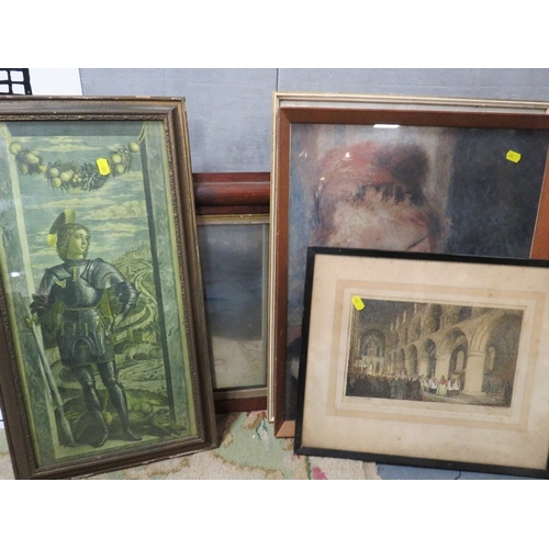 27 - An antique mahogany mirror together with assorted pictures and prints plus a folio of photographs