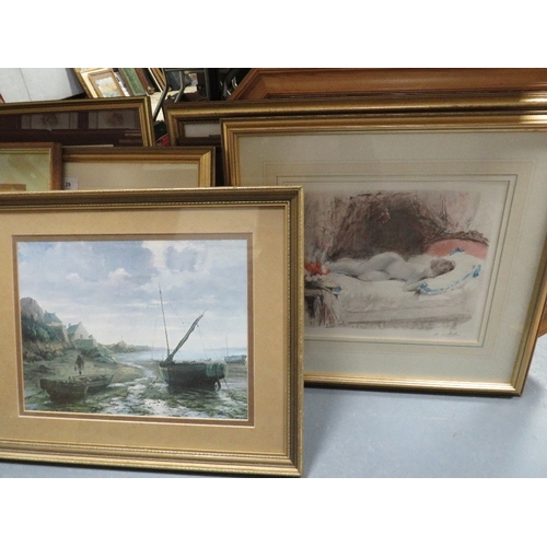 29 - A large collection of pictures and prints to include a mirror, Russell Flint prints etc.