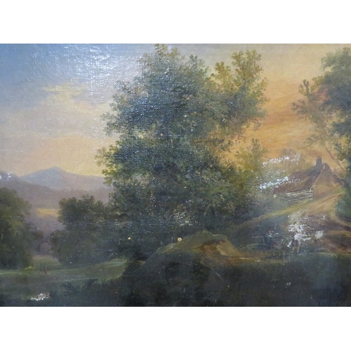 32 - Two unframed oils on canvas depicting a mountain scene and a landscape scene (2)