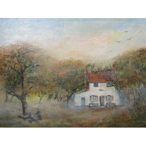 33 - Two framed oil paintings depicting a house with figures and country landscape (2)