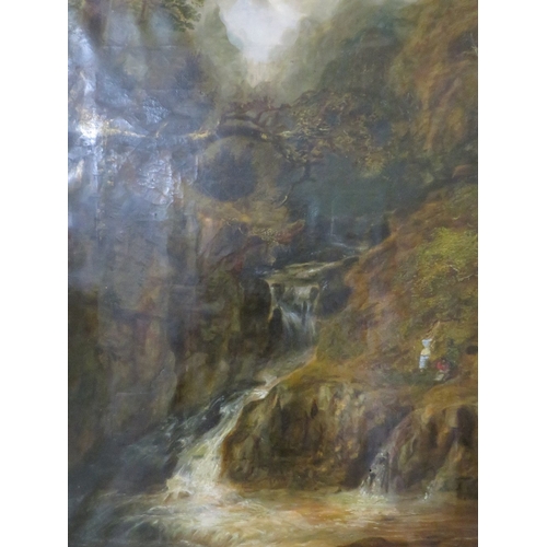 34 - A large unframed oil on canvas depicting a waterfall, plus another oil painting of a river scene (2)