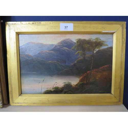 37 - Two gilt framed oils on panel depicting a street scene and a mountainous lake scene (2)