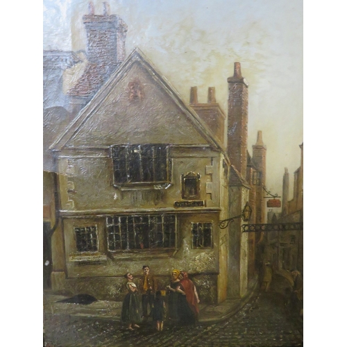 37 - Two gilt framed oils on panel depicting a street scene and a mountainous lake scene (2)