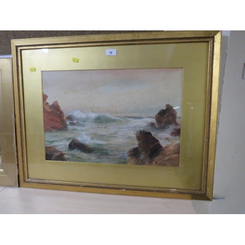 38 - Two gilt framed watercolours depicting a coastal scene and a river scene with a bridge (2)