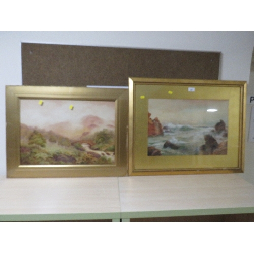 38 - Two gilt framed watercolours depicting a coastal scene and a river scene with a bridge (2)