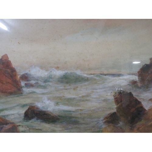 38 - Two gilt framed watercolours depicting a coastal scene and a river scene with a bridge (2)