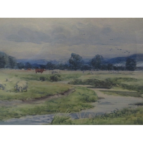 39 - Two gilt framed watercolours depicting a river scene with sheep and another (2)