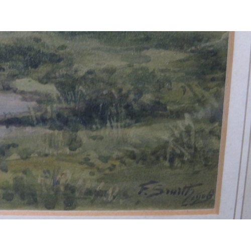 39 - Two gilt framed watercolours depicting a river scene with sheep and another (2)