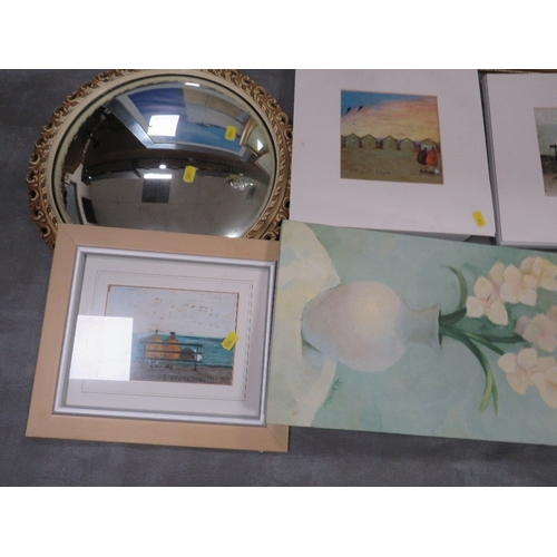 4 - A vintage ornate framed convex mirror, together with an selection of prints etc. (Qty)