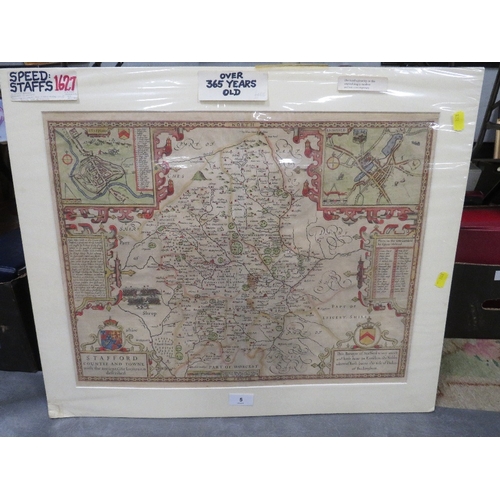 5 - A John Speed hand coloured map of Staffordshire, together with a small Potteries to Birmingham hand ... 