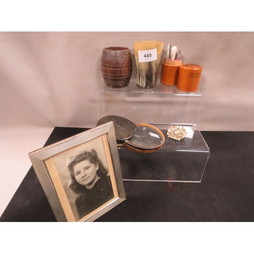 447 - A small quantity of collectables to include a Mauchline ware etui case A/F white metal photo frame e... 