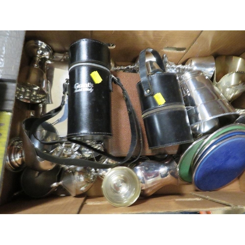 208 - Two trays of silver plated tableware, novelty items etc, together with a pair of 'Old Sheffield Plat... 