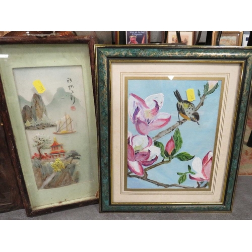 9 - A tray of assorted paintings & prints etc., to include three modern oils on canvas, an Oriental shel... 