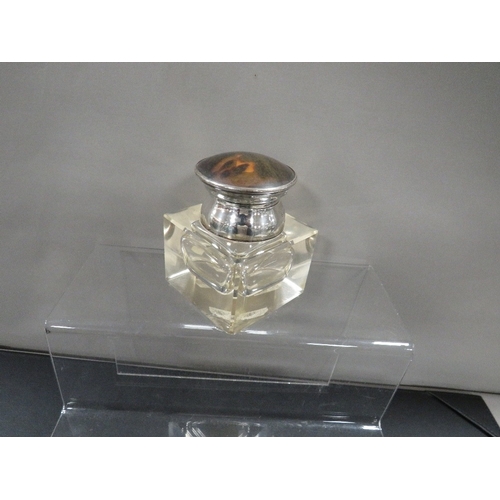 343 - A hallmarked silver & tortoiseshell mounted glass inkwell, used a a golf trophy, inscribed 'Bromboro... 