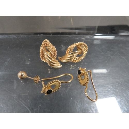 381 - A pair of gold earrings approx weight 3g together with a pair of unmarked earrings and a stud, combi... 