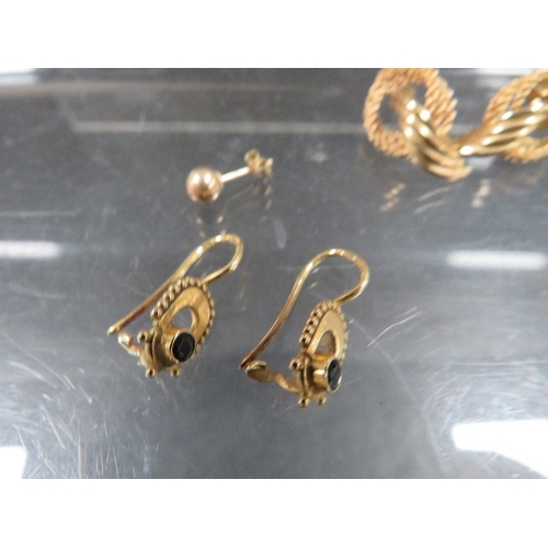 381 - A pair of gold earrings approx weight 3g together with a pair of unmarked earrings and a stud, combi... 