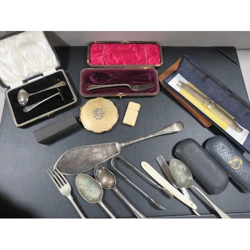 393 - A tray of collectables to include a hallmarked silver christening set, vintage wire rim glasses etc