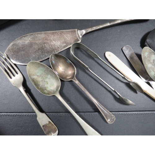 393 - A tray of collectables to include a hallmarked silver christening set, vintage wire rim glasses etc