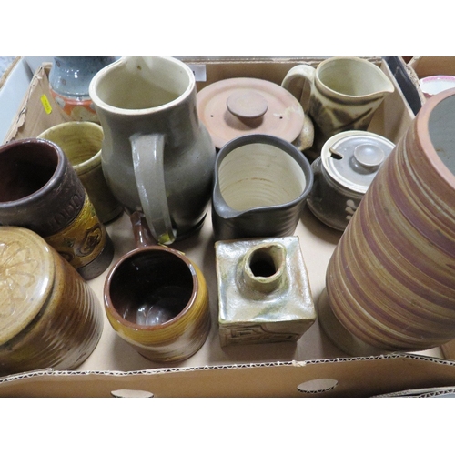 94 - A tray of ceramics and glass together with two trays of studio pottery (3)