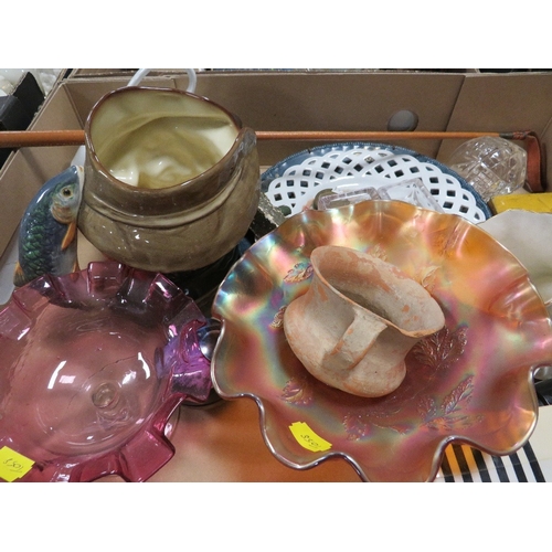 94 - A tray of ceramics and glass together with two trays of studio pottery (3)