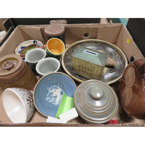 94 - A tray of ceramics and glass together with two trays of studio pottery (3)