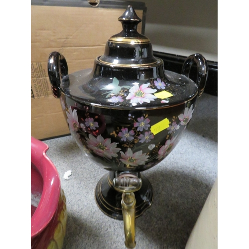 198 - A brass jam pan, ceramic samovar, enamel jug etc