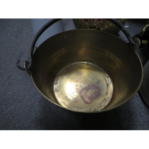 198 - A brass jam pan, ceramic samovar, enamel jug etc