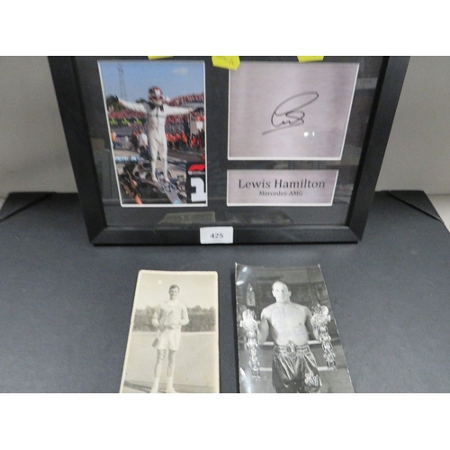 425 - Lewis Hamilton autograph, framed with photograph, a signed photograph of boxer Henry Cooper and a si... 