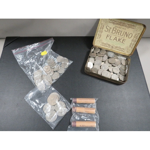 428 - A tin and tray of coins including sealed rolls and ER11 commemorative crowns