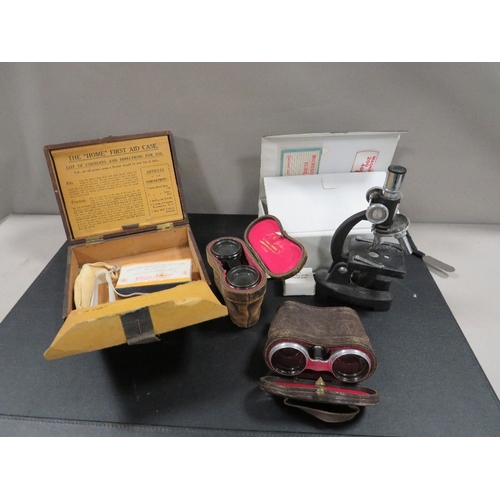 449 - A vintage first aid box, microscope and 2 pairs of opera glasses