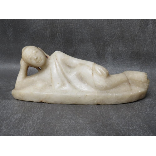 A 19TH CENTURY CHINESE MARBLE CARVING OF A RECLINING BUDDHA, H 8 cm, L 19 cm