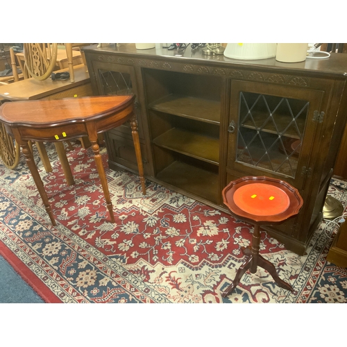 A leaded and glazed bookcase together with a hall table and a wine table. (3)