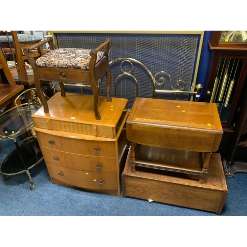 A vintage oak chest together with a piano stool, oak box and trolley. (4)