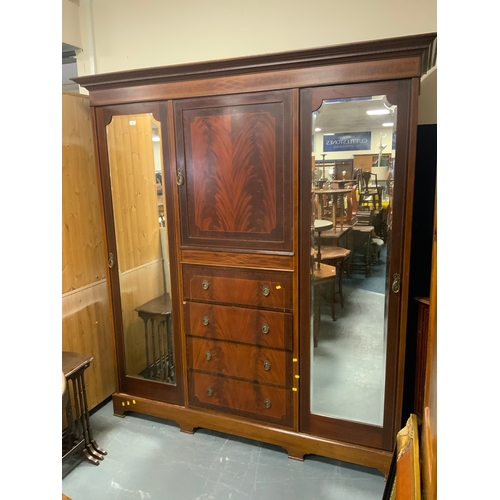 704 - A large Edwardian mahogany inlaid triple wardrobe W 200 cm