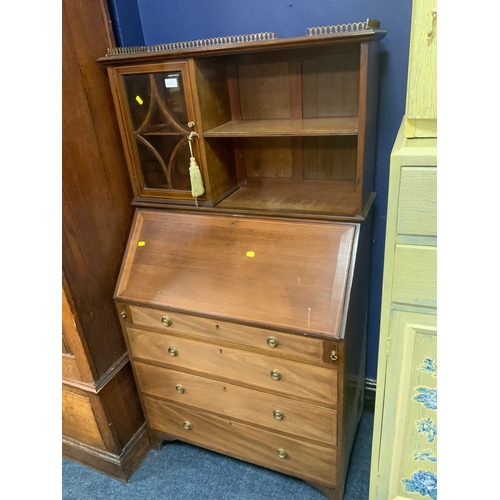 717 - An Edwardian mahogany inlaid bureau bookcase W 80 cm