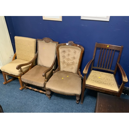 721 - A carved Edwardian mahogany chair together with an early 20th century oak carved armchair and two fu... 