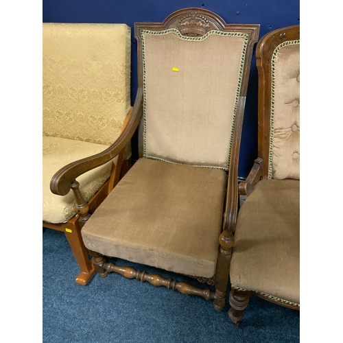 721 - A carved Edwardian mahogany chair together with an early 20th century oak carved armchair and two fu... 