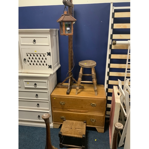 725 - A small oak two drawer chest together with an oak hall lantern, a vintage stool and wicker seat stoo... 