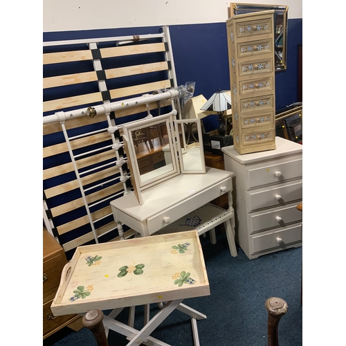 726 - A painted washstand, chest, dumb waiter and a slim chest and a stool. (5)
NOTE - NOT BED