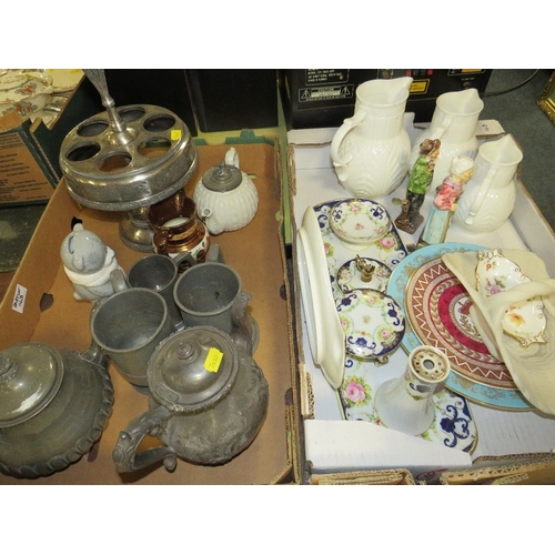 143 - Two trays of ceramics and metalware to include a Coalport Caughley Mask-Head set of three 
graduated... 