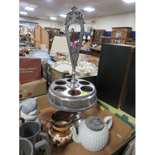 143 - Two trays of ceramics and metalware to include a Coalport Caughley Mask-Head set of three 
graduated... 